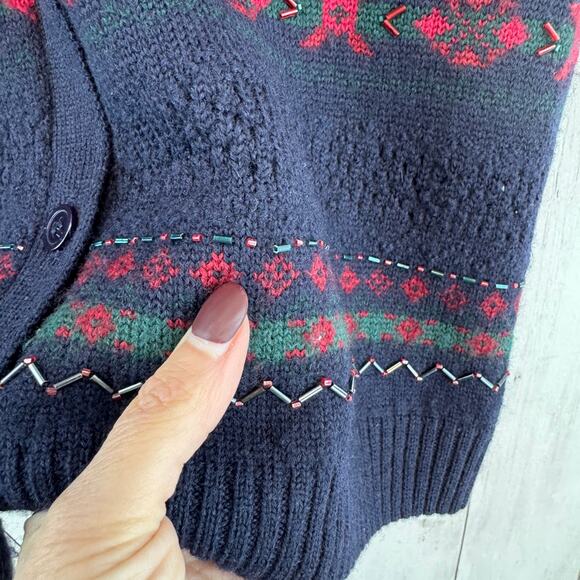 VTG JH Collectibles Blue Wool Fair Isle Beaded Button-Up Sweater Vest Size Large - Picture 9 of 13